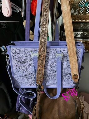 Lavender Tooled Leather Shoulder Bag with Floral Detailing